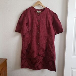 Elizabeth Women Maroon Brocade 2 Pieces Set Shortsleeve Top With Skirt 